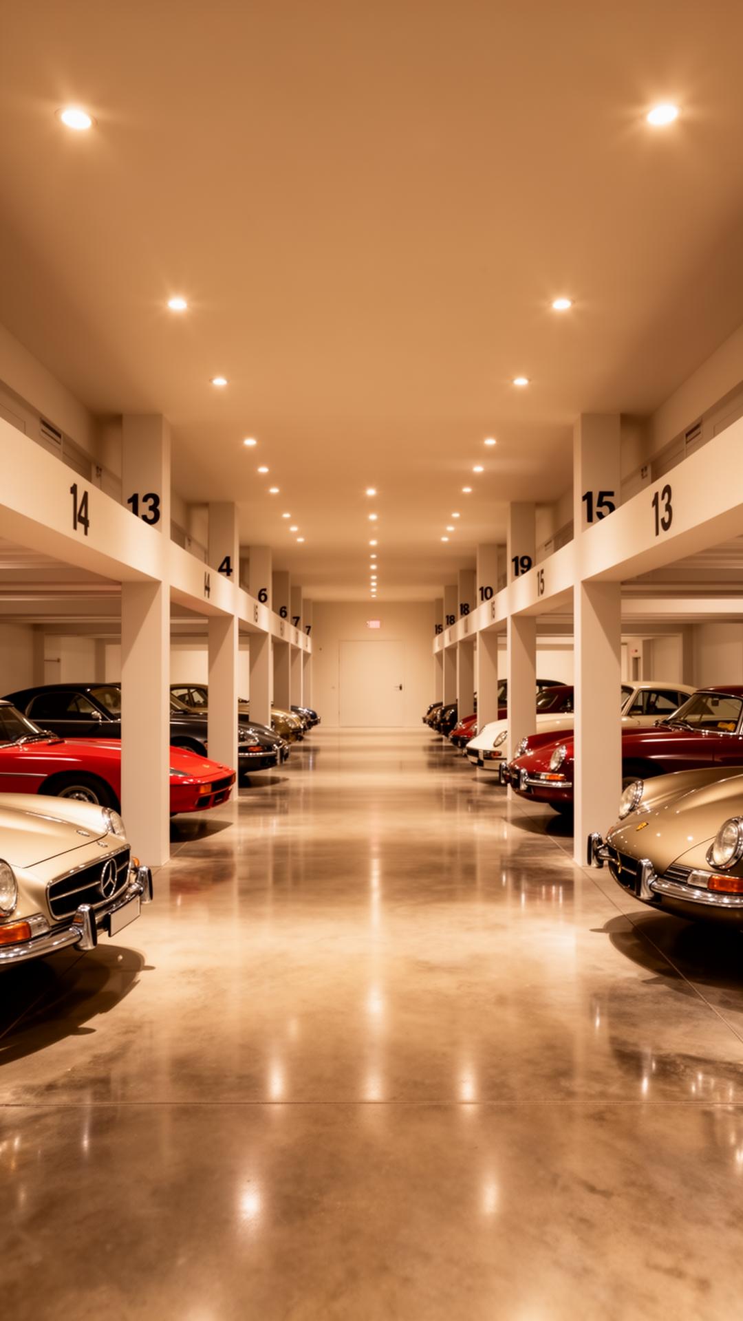 Wide interior view of the Costa Del Classics car storage showing rows of numbered individual bays with classic cars.
