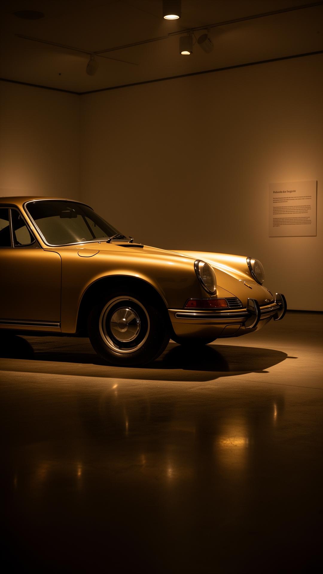 A single classic car resting under soft warm light in a quiet gallery-like interior.